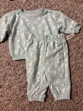 Amazon Essentials Bunny Print Mint Green Sweatpants/Sweatshirt Set